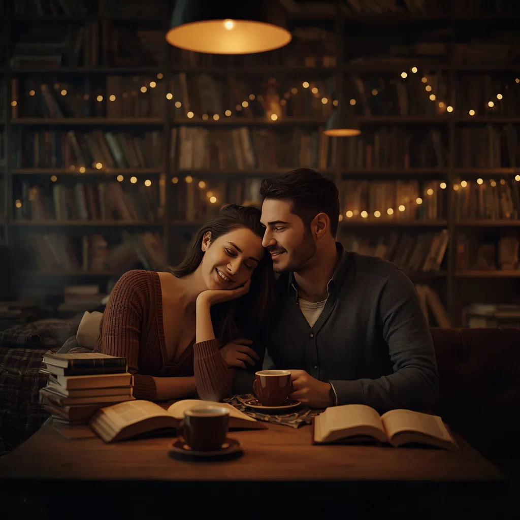 Couple's Whispered Secrets in a Cozy Bookstore Cafe – elegant couple ai prompts – AI generated example