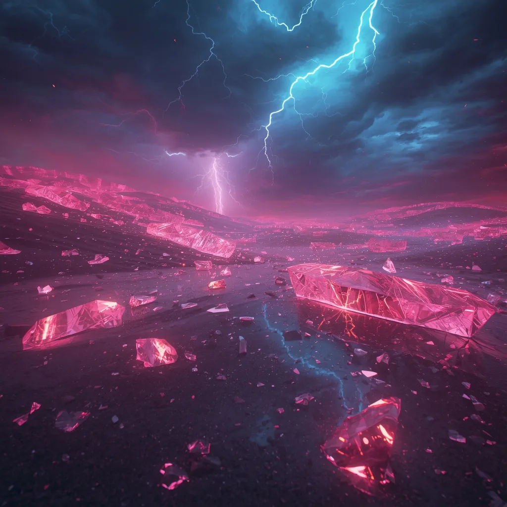 Hyper Real Neon Crystal Desert Storm – serene lakeside cabins ai prompts – AI generated example