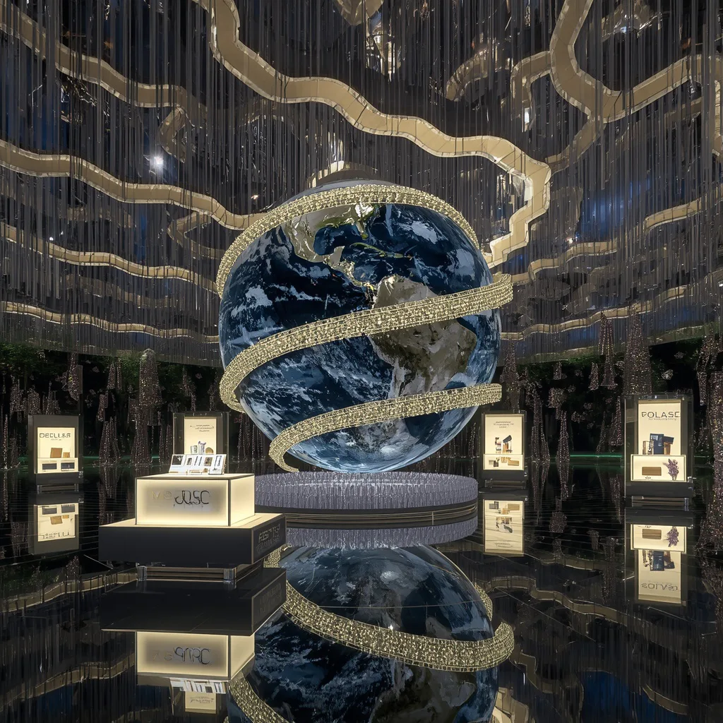 Floating Crystal Ribbon Planet Showcase – serene lakeside cabins ai prompts – AI generated example