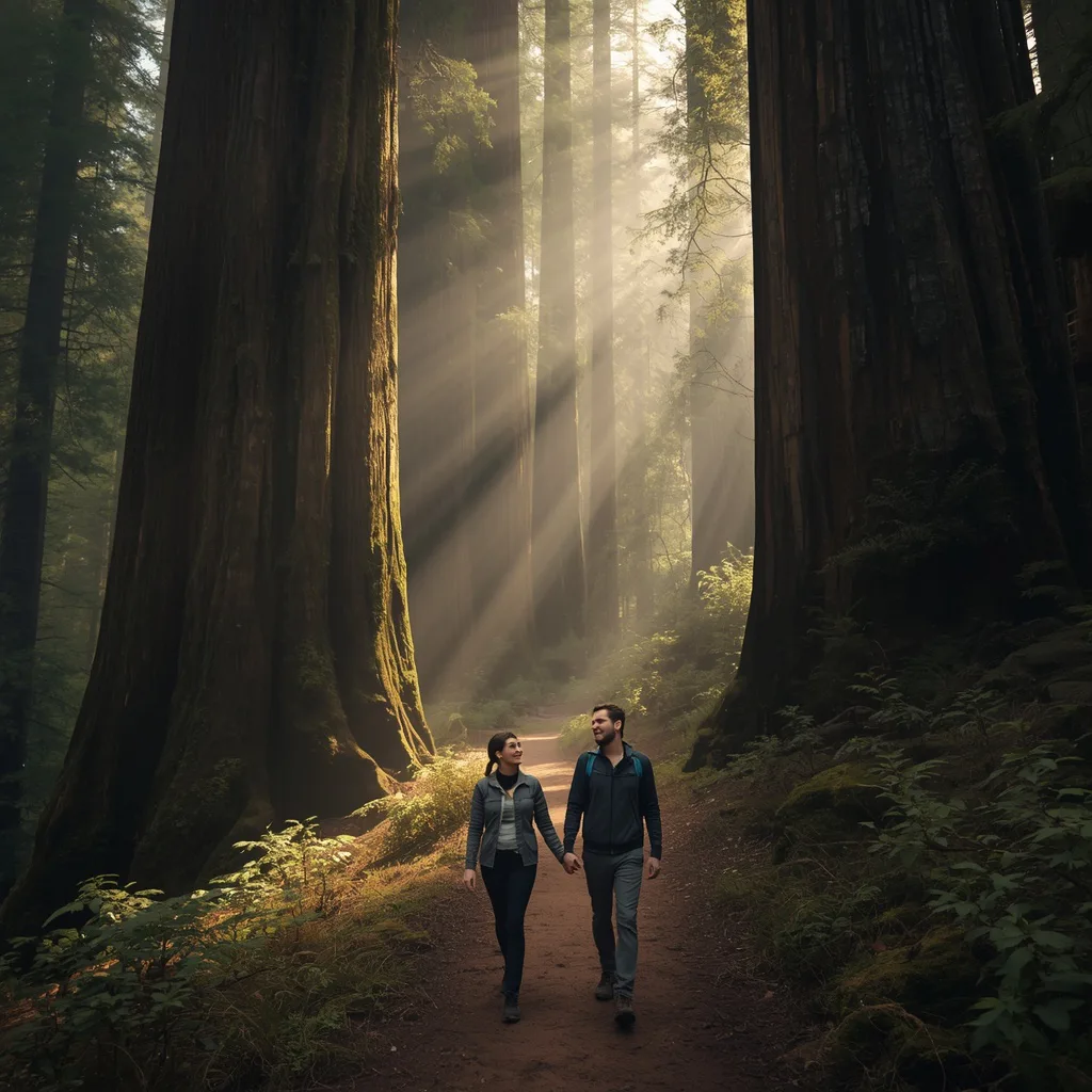 Romantic Couple's Adventurous Hike Through a Redwood Forest – elegant couple ai prompts – AI generated example
