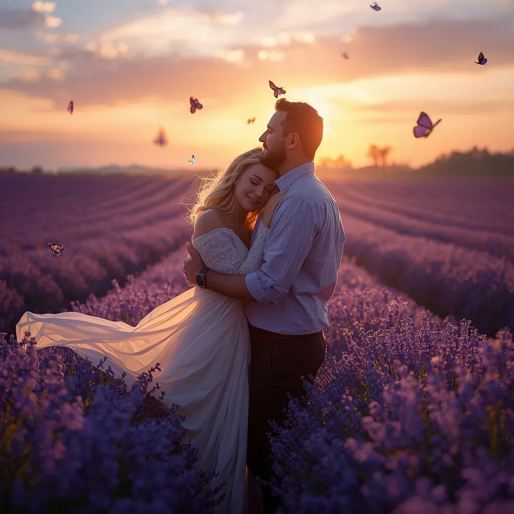 Romantic Couple's Embrace in a Lavender Field Sunset – elegant couple ai prompts – AI generated example