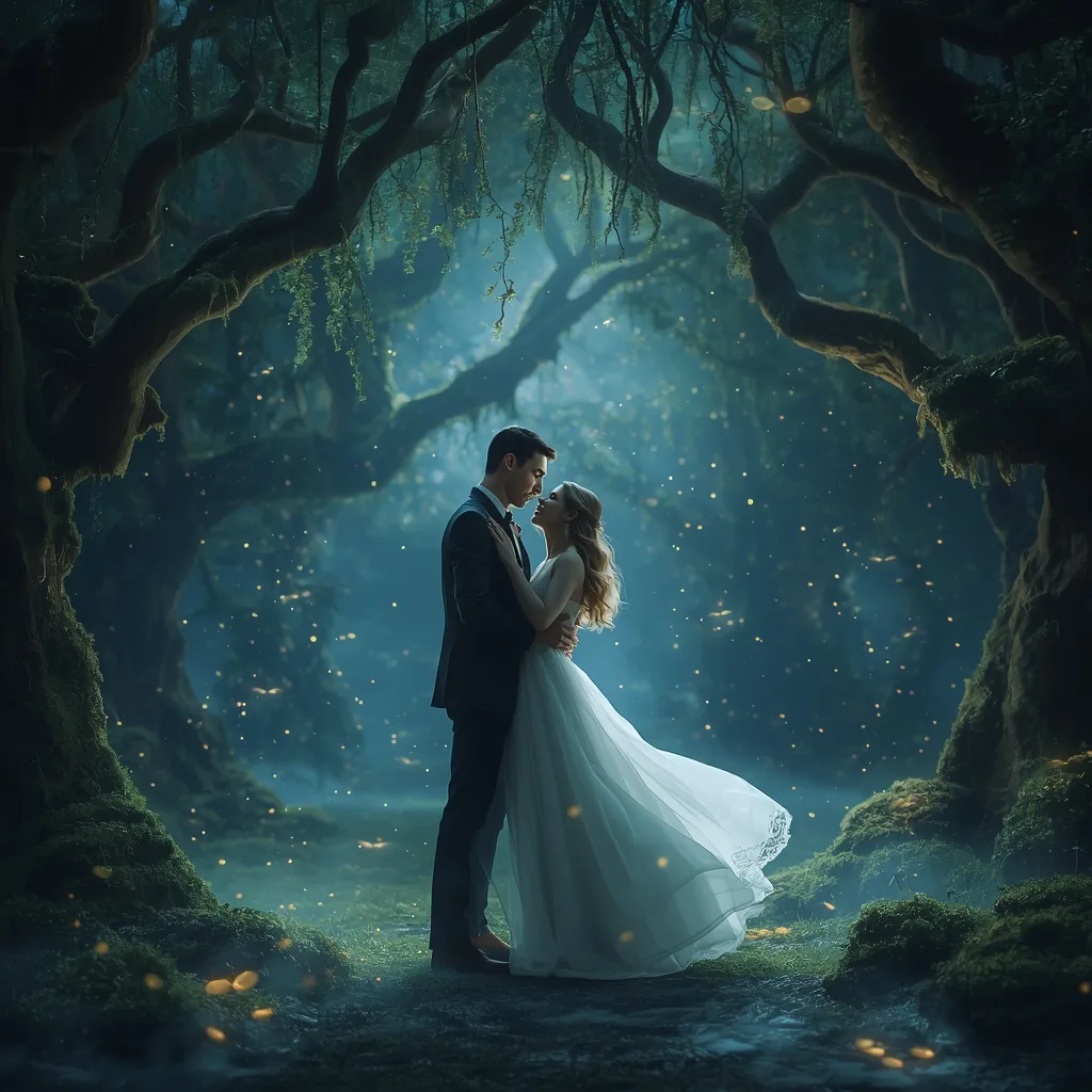 Romantic Couple's First Dance in a Magical Forest Glade – elegant couple ai prompts – AI generated example