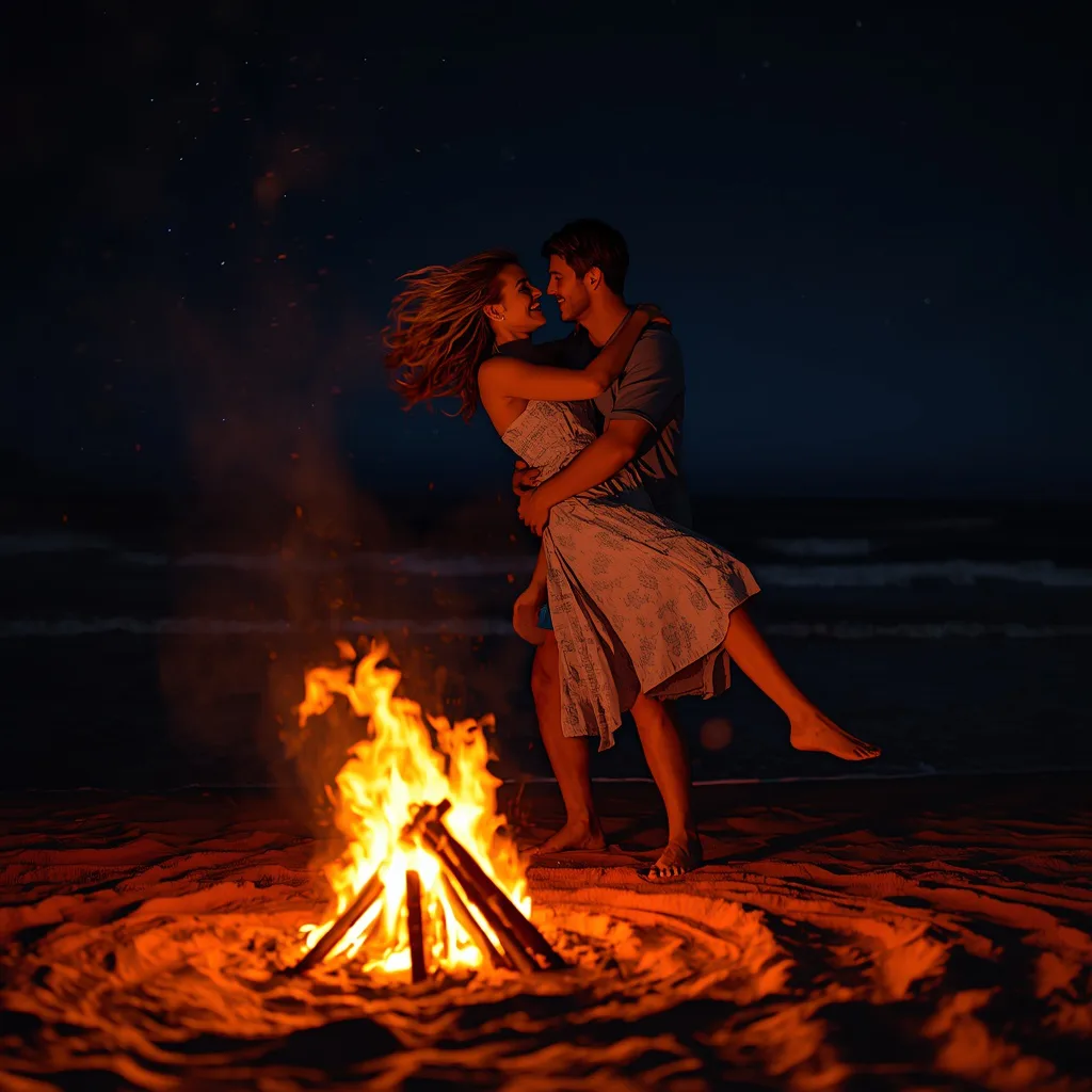 Romantic Couple's Joyful Dance at a Beach Bonfire – elegant couple ai prompts – AI generated example