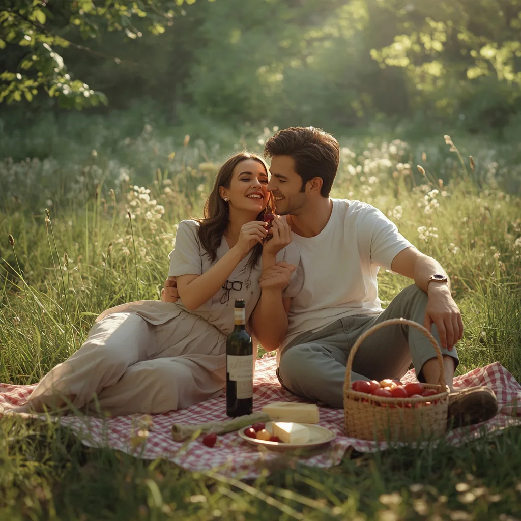 Romantic Couple's Picnic in a Sun-Dappled Woodland Glade – elegant couple ai prompts – AI generated example