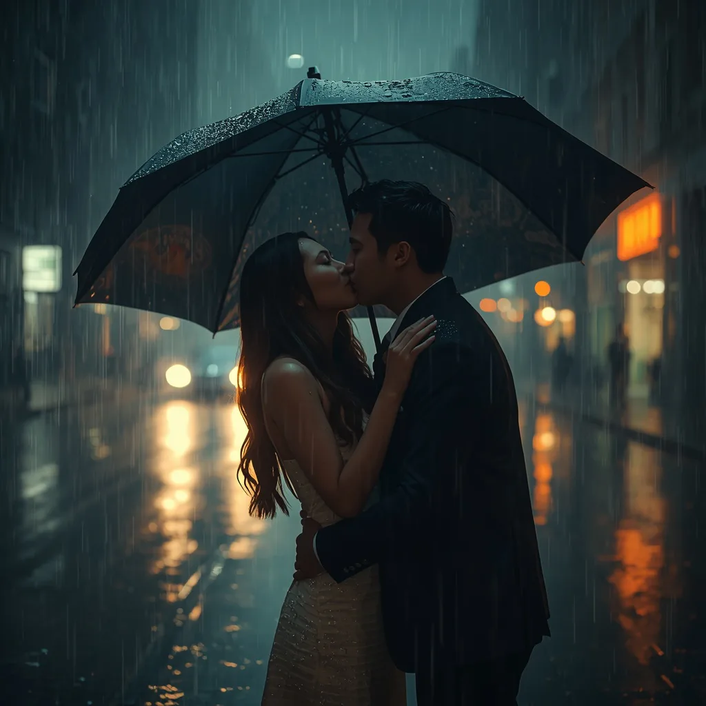 Romantic Couple's Shared Umbrella Kiss in a City Rain – elegant couple ai prompts – AI generated example