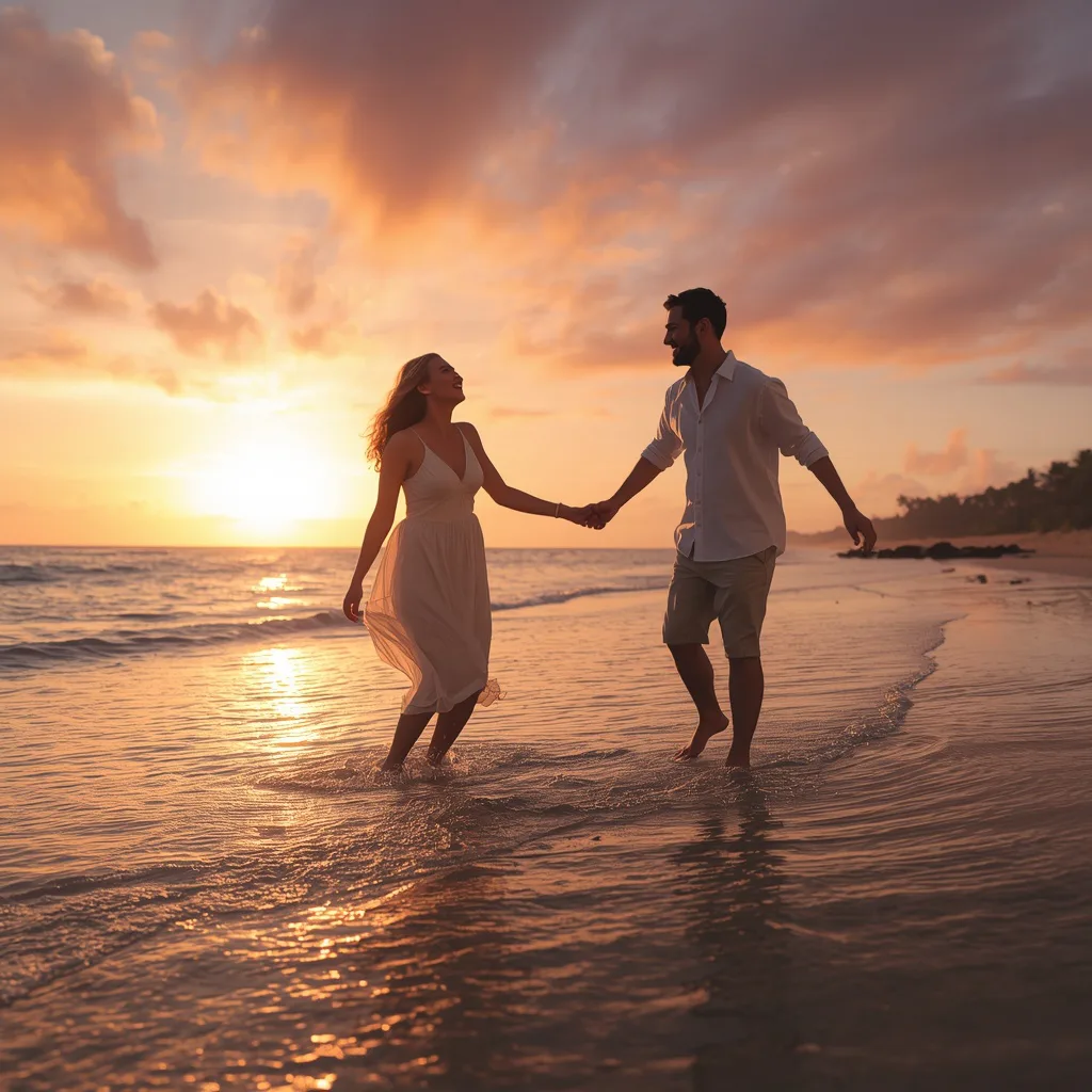 Romantic Couple's Sunset Beach Dance with Laughter – elegant couple ai prompts – AI generated example