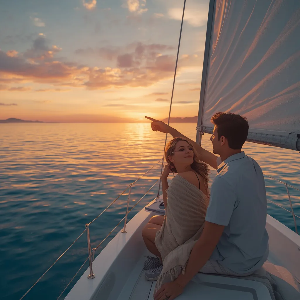 Romantic Couple's Sunset Sail on a Calm Azure Sea – elegant couple ai prompts – AI generated example