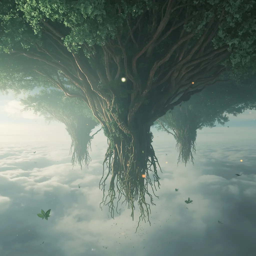Surreal Inverted Sky Gravity Forest – serene lakeside cabins ai prompts – AI generated example