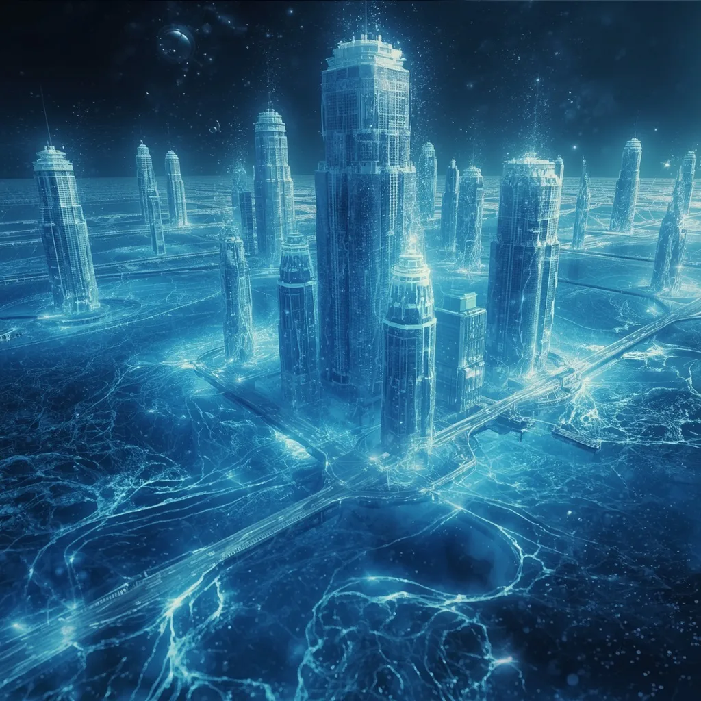 Quantum Water City of Liquid Light – serene lakeside cabins ai prompts – AI generated example