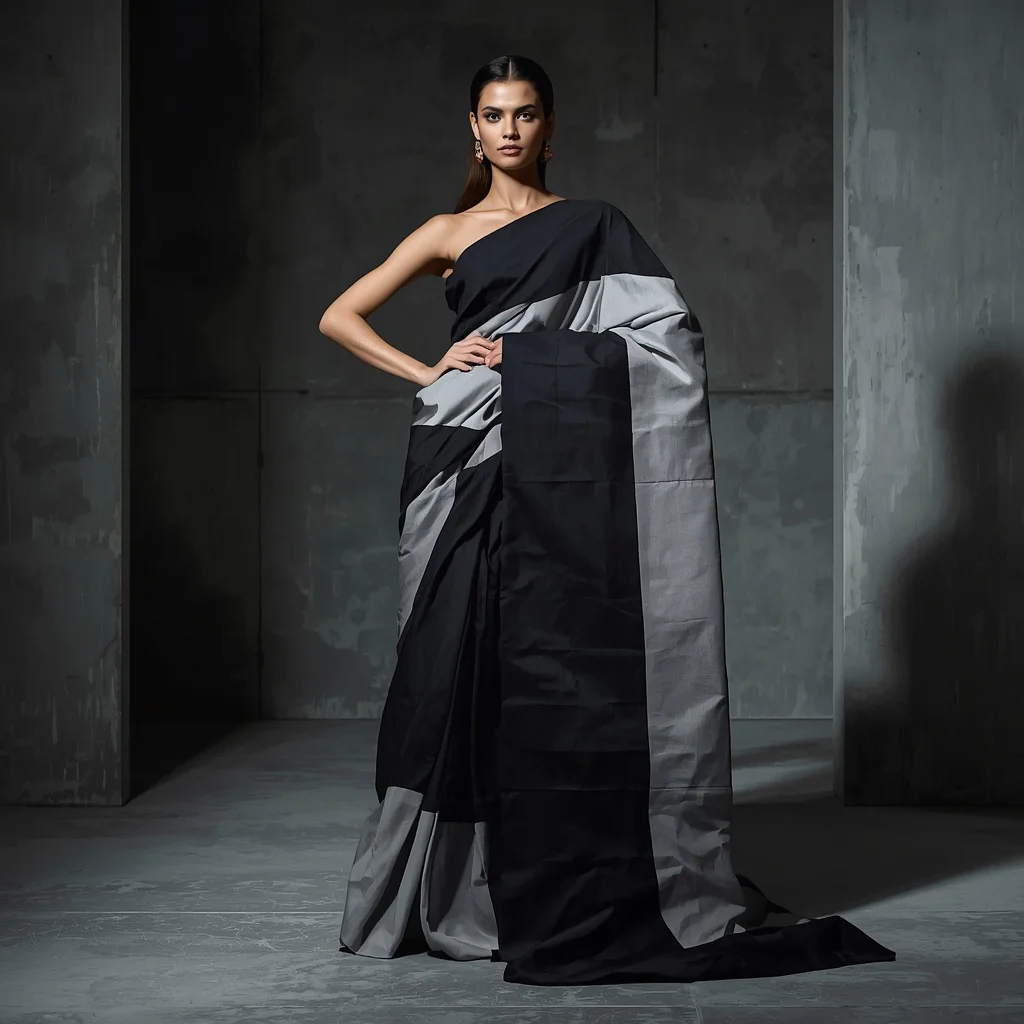 Brutalist Shadow Architecture Festival Saree with Monochrome High Fashion Editorial Concept Design | new instagram trend prompt for girl saree look copy and paste download — AI image prompt