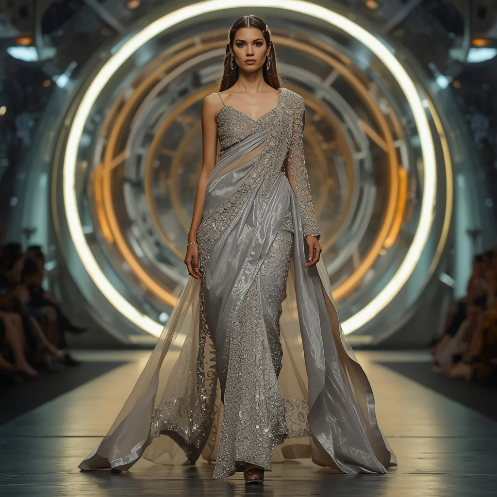 Celestial Hypernova Apex Runway Quantum Armor Saree with Hyperloop Sphere Reactor Nexus Dome Core System | traditional saree prompt for wedding — AI image prompt