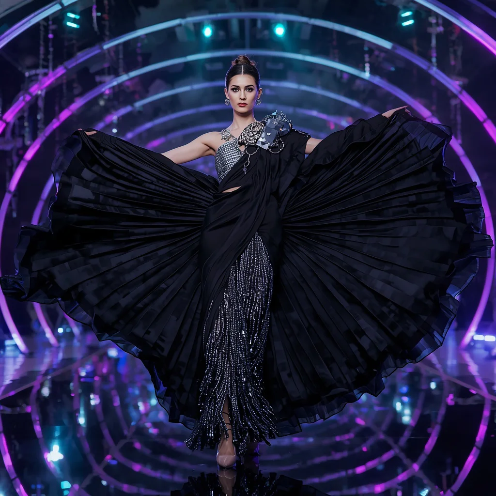 Celestial Voidstorm Apex Singularity Armor Saree with Quantum Black Prism Halo Crown Reactor Matrix | prompt for gemini ai girl modern saree instagram — AI image prompt