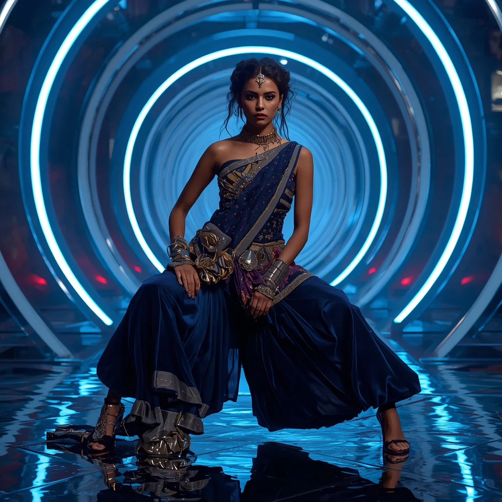 Cosmic Velvet Thunder Saree with Neon Orbit Empire | saree ai prompt — AI image prompt