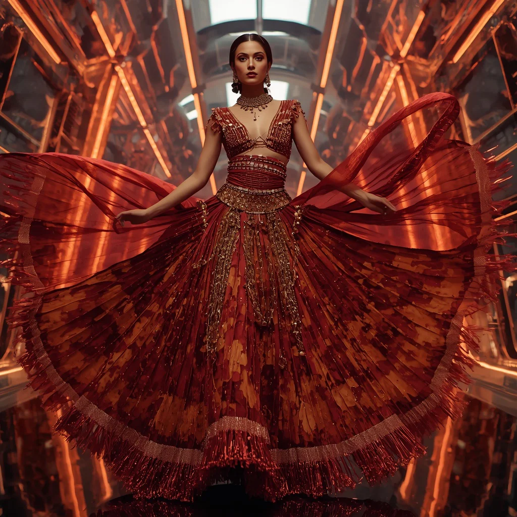 Crimson Aurora Inferno Saree with Prism Reflection Dome | prompt seen girl dress — AI image prompt