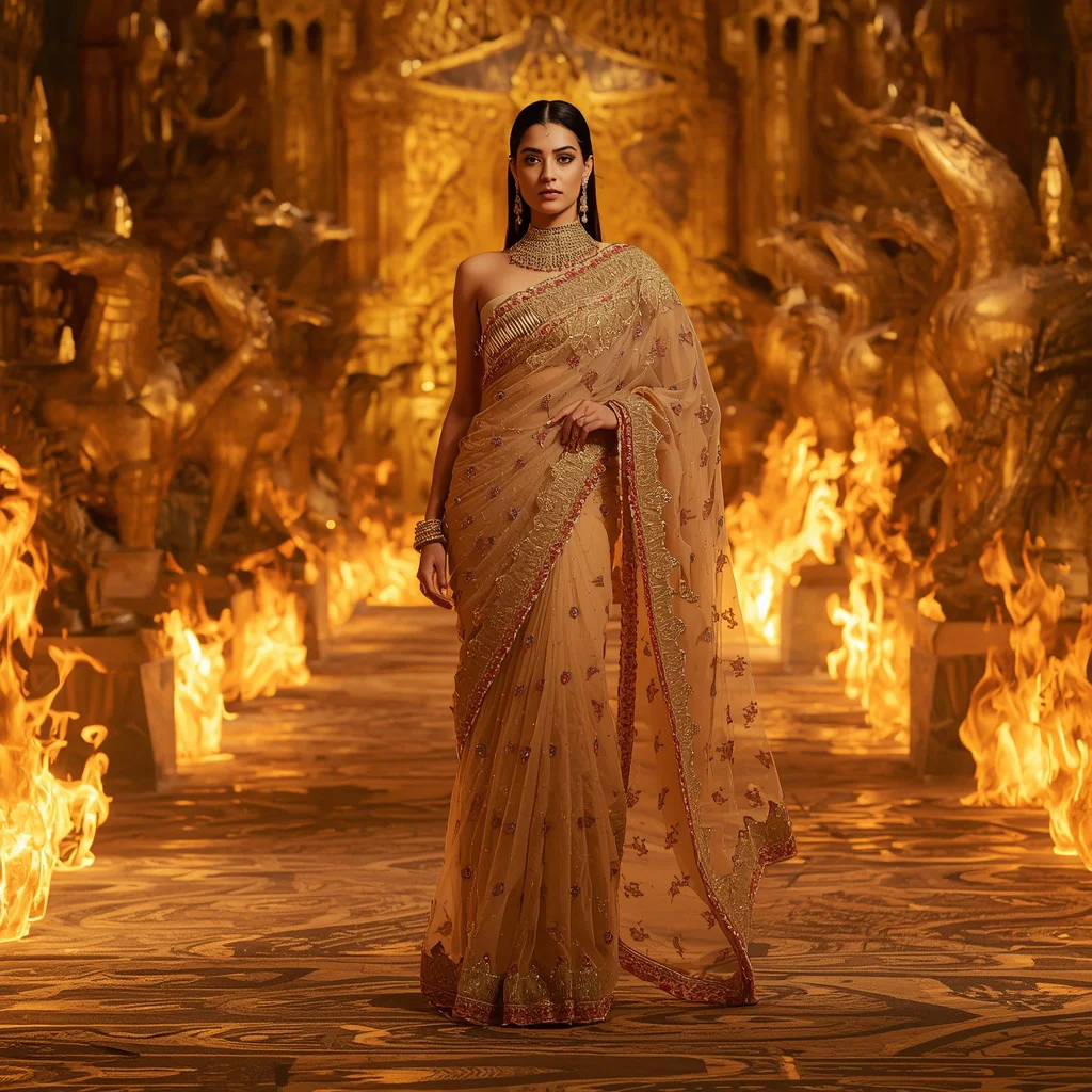 Crystal Griffin Flame Saree with Golden Fire Empire Background | chatgpt photo editing prompts trending instagram — AI image prompt