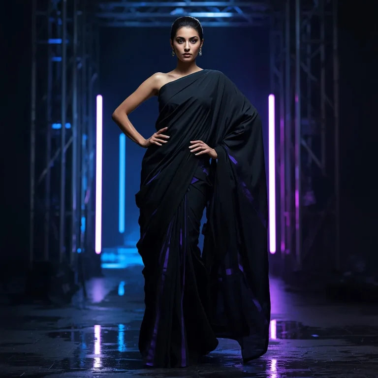 Cyber Industrial Night Festival Saree with Dark Neon City Inspired Fashion Editorial Concept Design | gemini girl photo prompt indian style — AI image prompt
