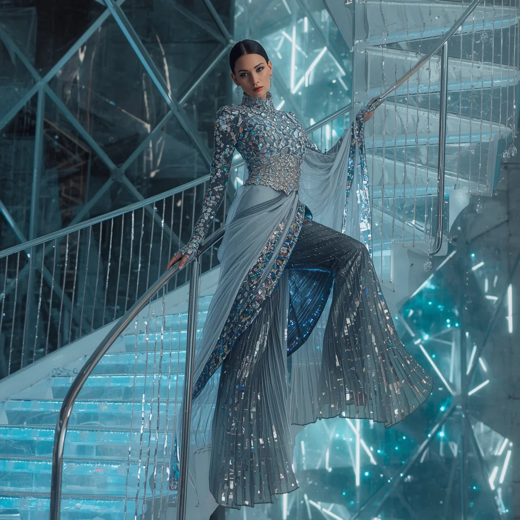 Diamond Meteor Spiral Nexus Fracture Quantum Armor Saree with Floating Crystal Stair Collapse Light Temple Grid | chatgpt photo editing prompts for girl copy paste — AI image prompt