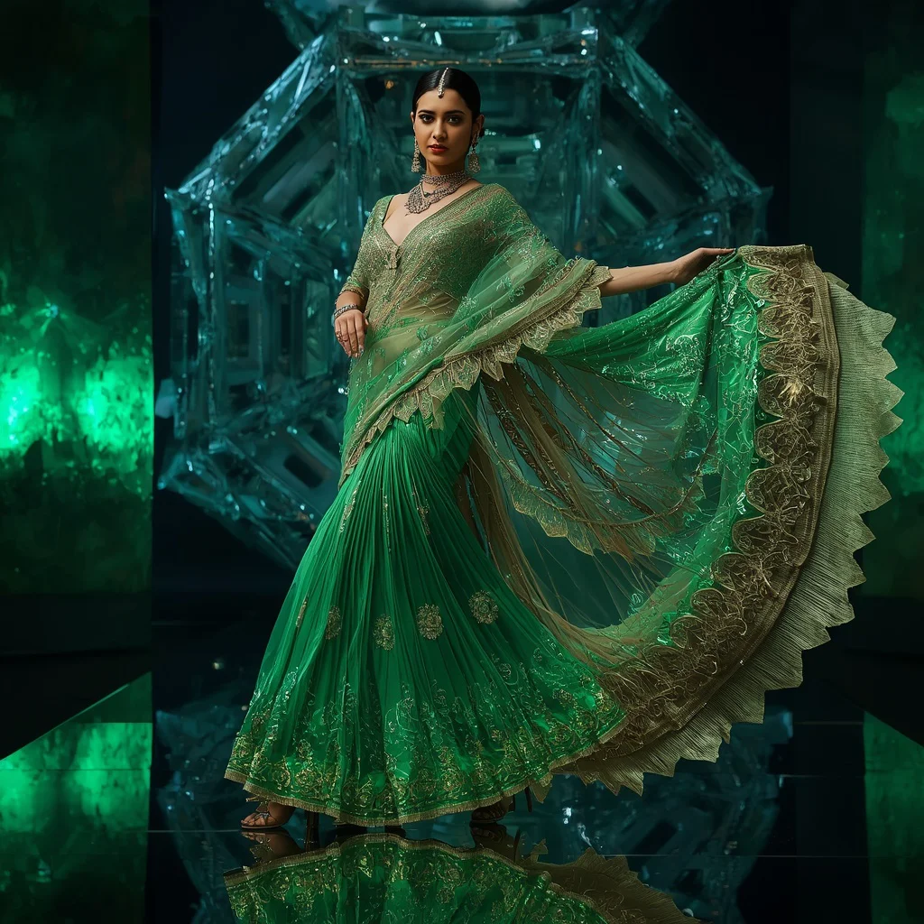 Emerald Hypernova Crystal Saree with Floating Crystal Nexus | new prompt ai video — AI image prompt
