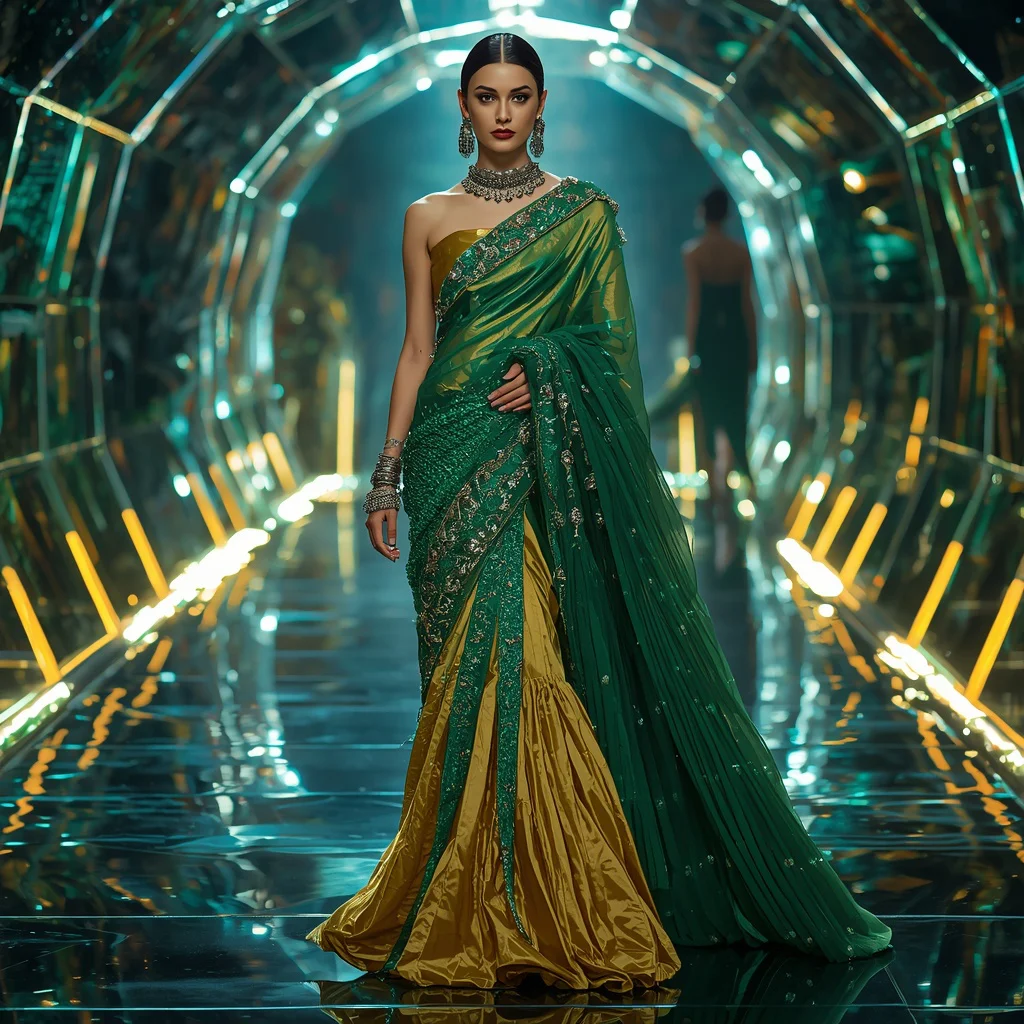 Emerald Phoenix Crystal Saree with Prism Reflection Dome | saree prompt chatgpt — AI image prompt