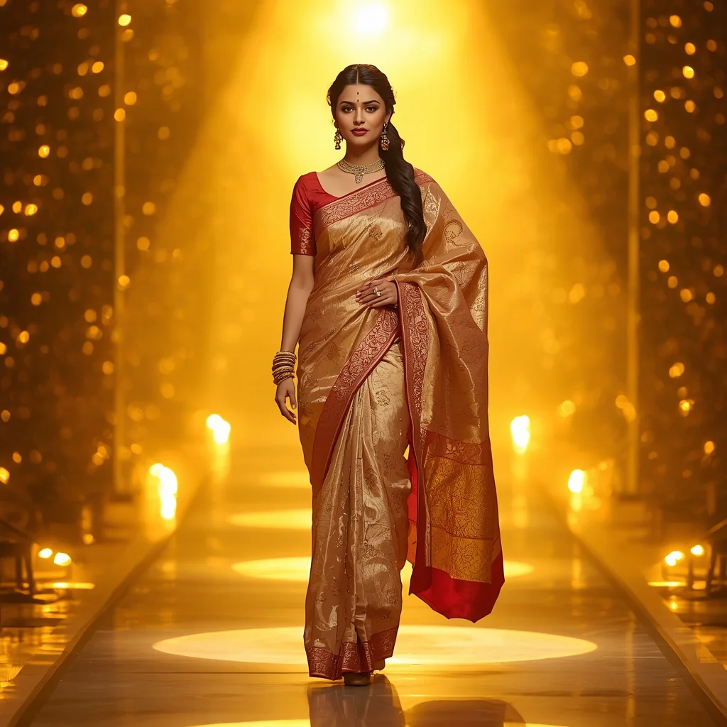 Festival Fancy Saree Golden Aura Walk Portrait | trending saree prompt for girl in english — AI image prompt