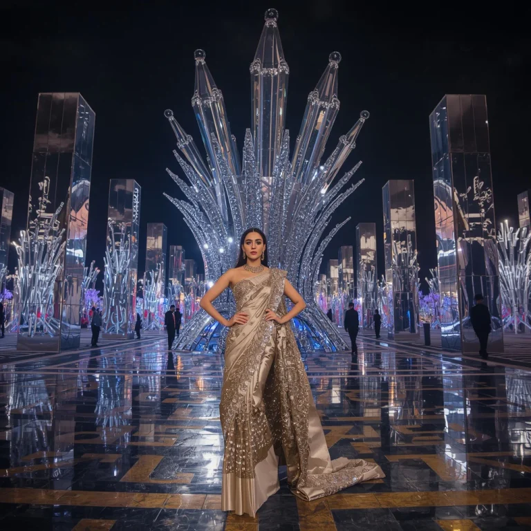 Festival Mirror Mosaic Saree with Giant Reflective Art Installation | ai prompt generator — AI image prompt