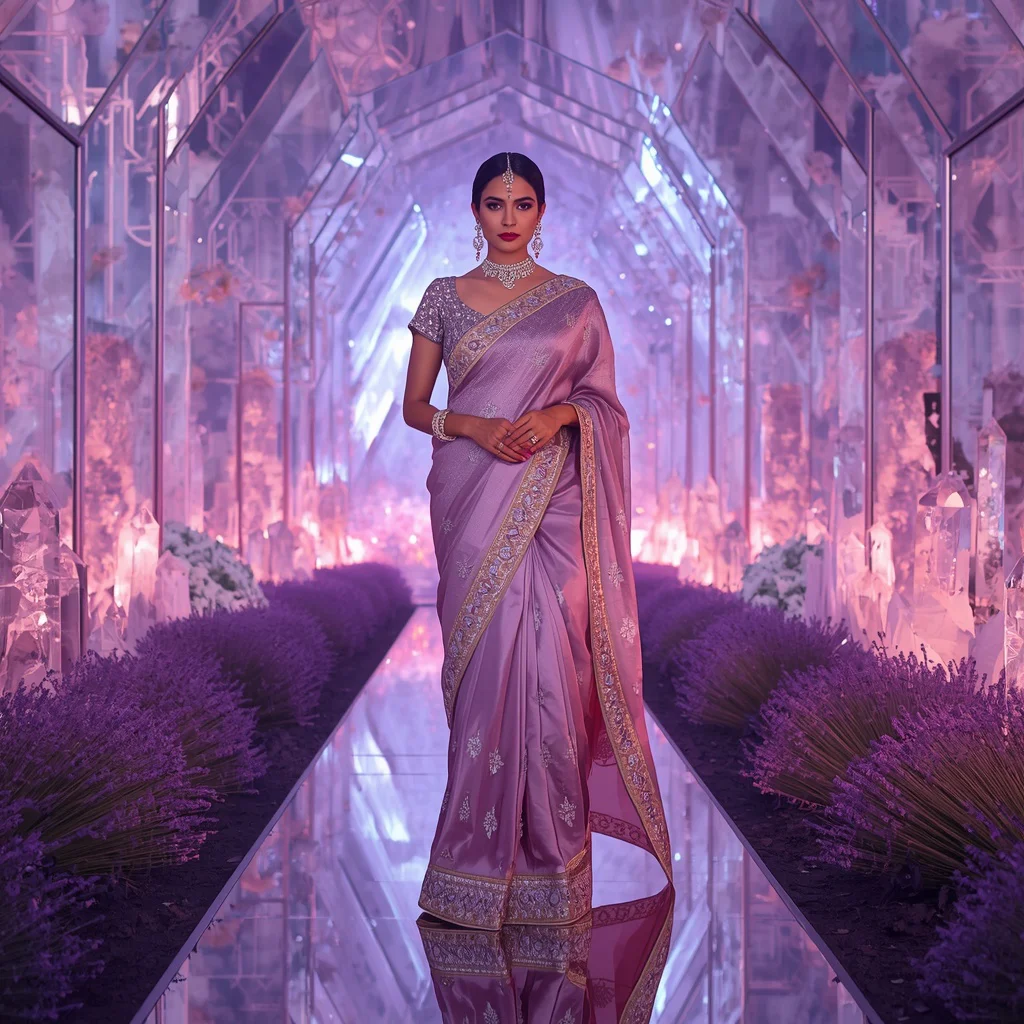 Festive Fancy Saree Crystal Aurora Lavender Kingdom Queen | instagram trending saree prompt for girl — AI image prompt
