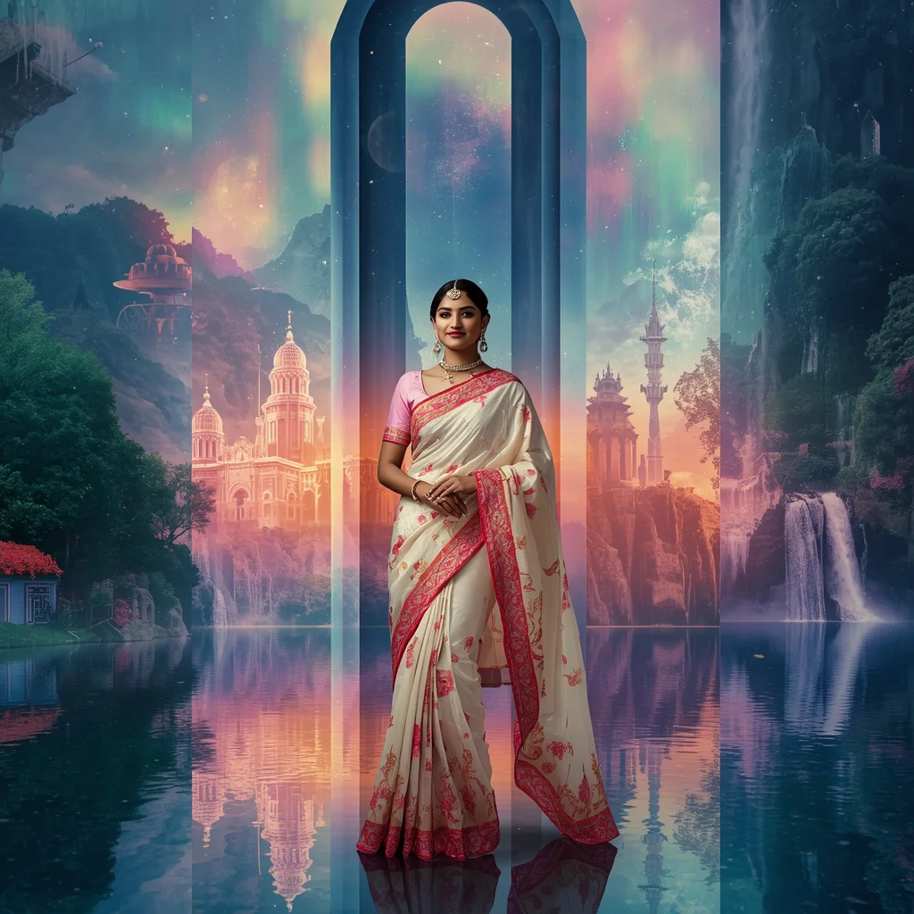 Festive Pastel Saree Aurora Crystal Celestial Waterfall Paradise Luxury Fashion Collage | prompt seen trending 2026 — AI image prompt