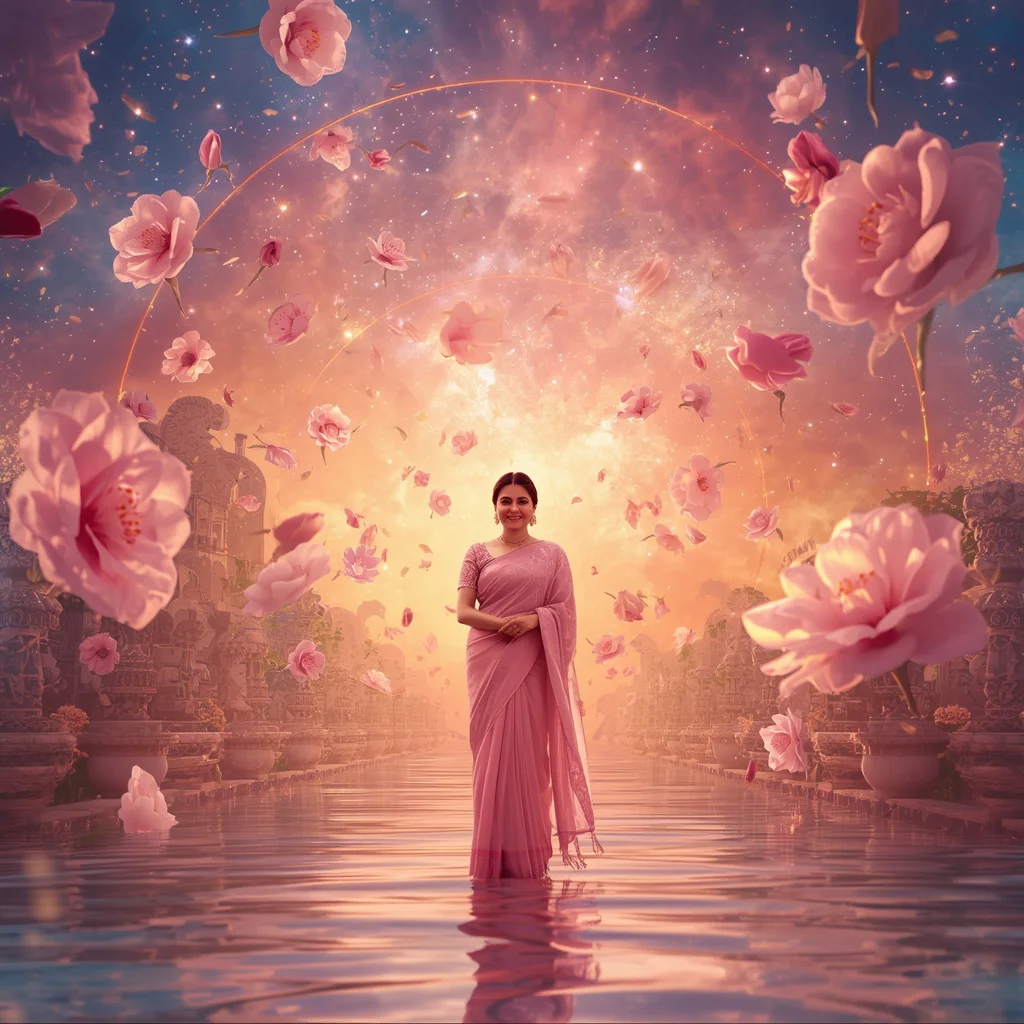Festive Pastel Saree Blooming Crystal Camellia Infinity Garden Collage Cinematic | chatgpt photo editing prompts for girl traditional — AI image prompt