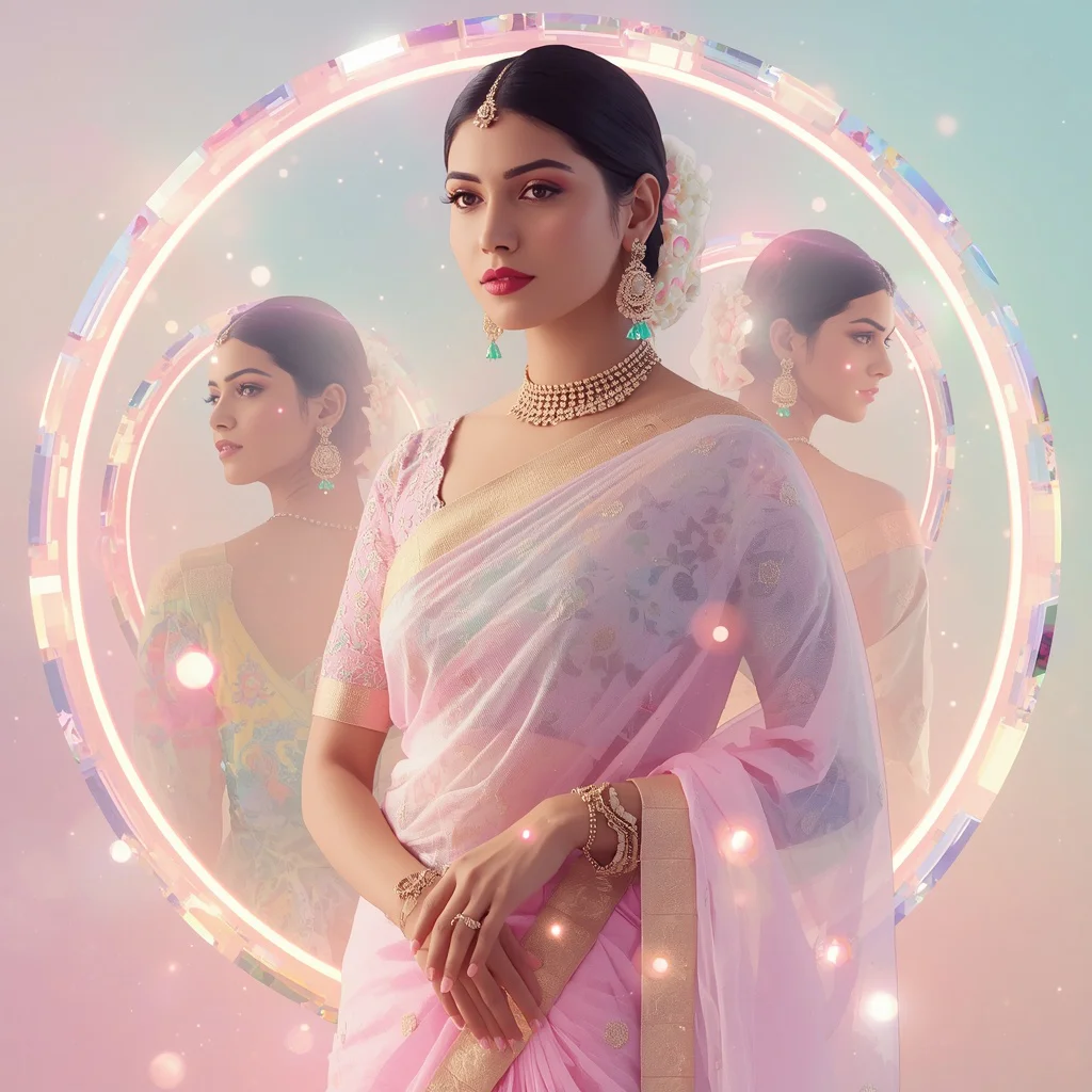 Festive Pastel Saree Cosmic Crystal Orbit Rings Collage Cinematic | chat gpt prompt for saree look — AI image prompt