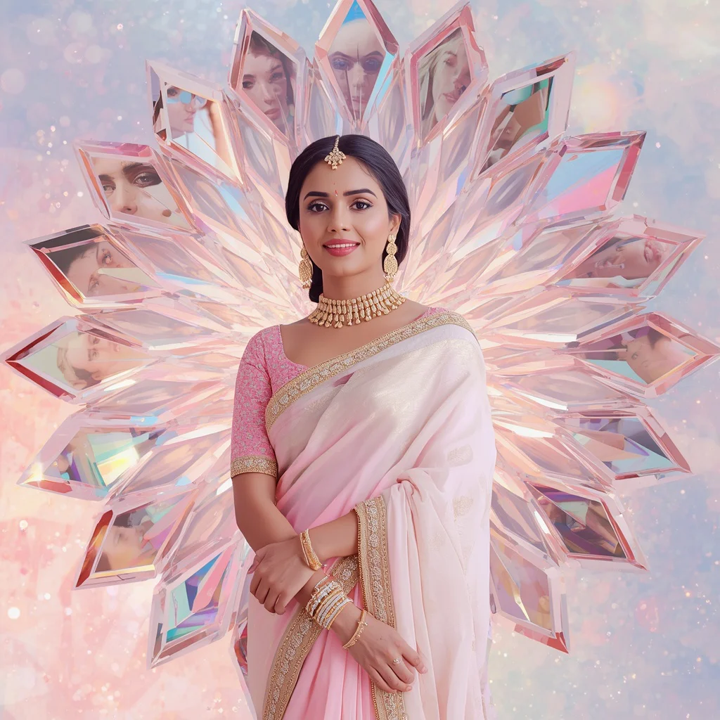 Festive Pastel Saree Crystal Aura Reflection Waves Collage Premium | gemini ai photo prompt copy paste trending 2026 instagram — AI image prompt