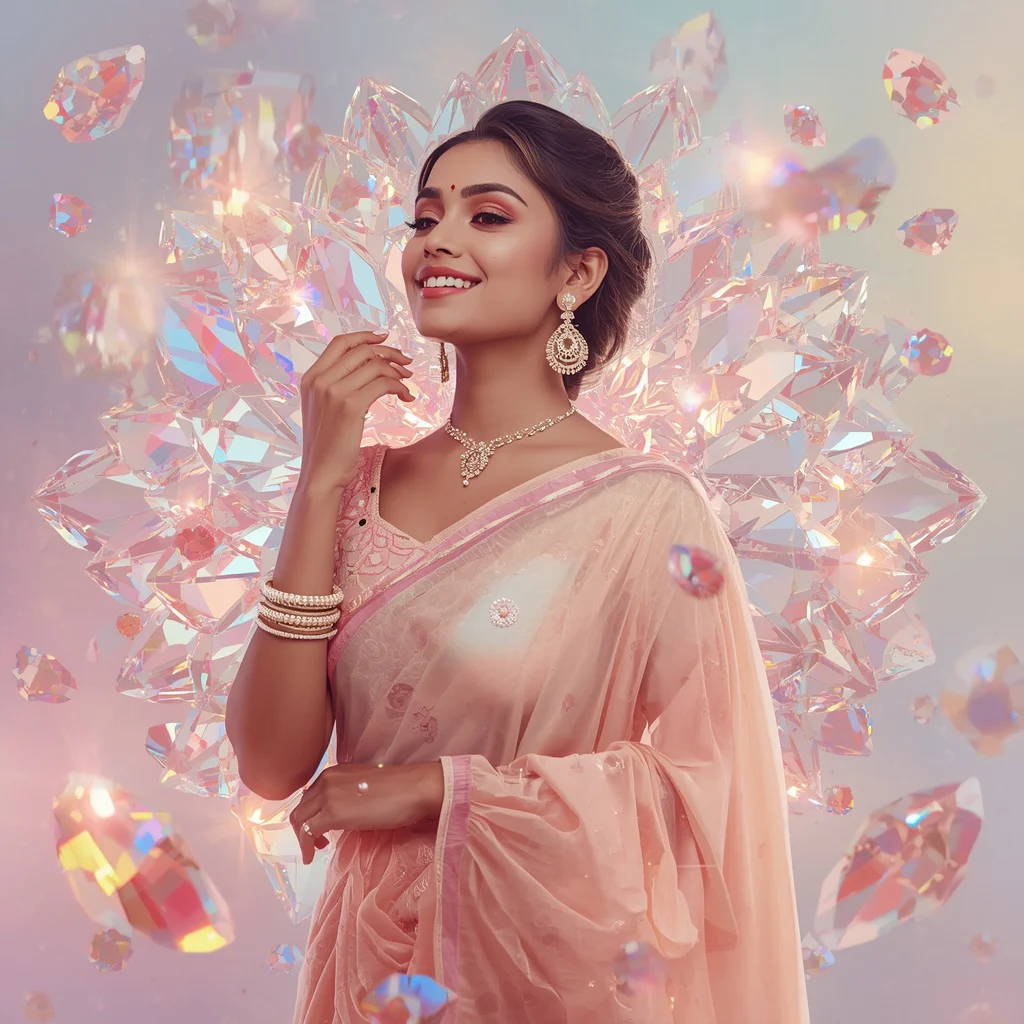 Festive Pastel Saree Crystal Bloom Reflection Sphere Collage Premium | new viral prompt — AI image prompt