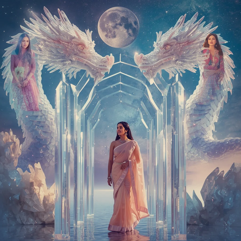 Festive Pastel Saree Crystal Celestial Dragon Sanctuary Collage Premium Cinematic | instagram prompt for traditional look for girl in english — AI image prompt