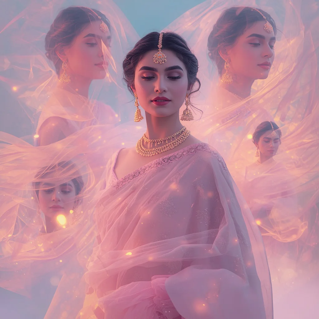 Festive Pastel Saree Dream Aura Crystal Flow Collage Cinematic | gemini girl photo prompt indian style instagram — AI image prompt