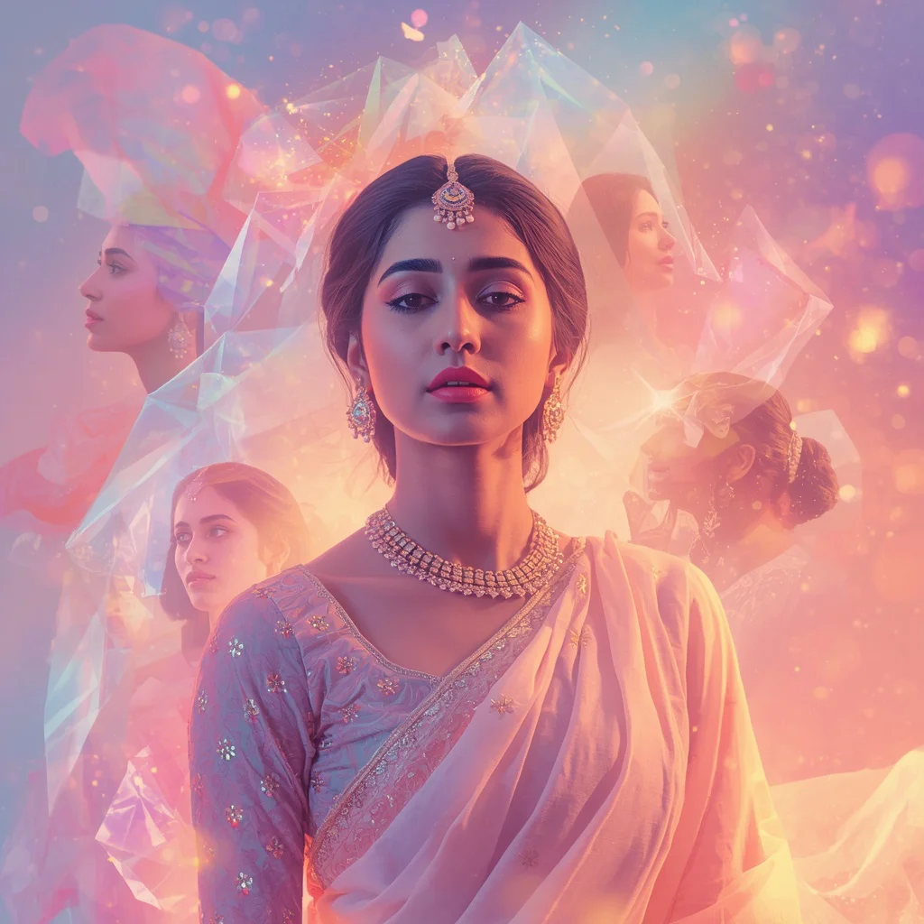 Festive Pastel Saree Dream Silk Prism Galaxy Collage Cinematic | retro style prompt for gemini girl in saree instagram — AI image prompt