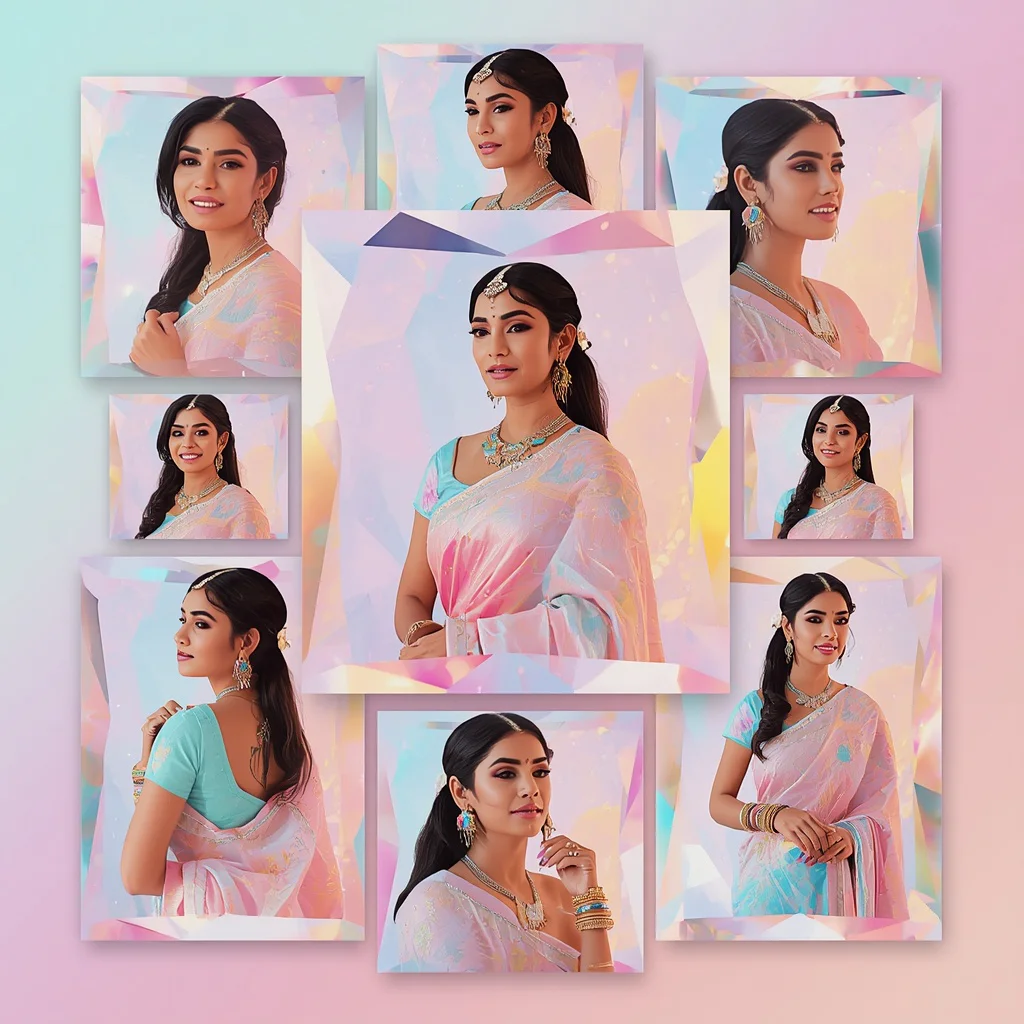 Festive Pastel Saree Floating Polygon Reflection Frames Collage Premium | picture prompt — AI image prompt