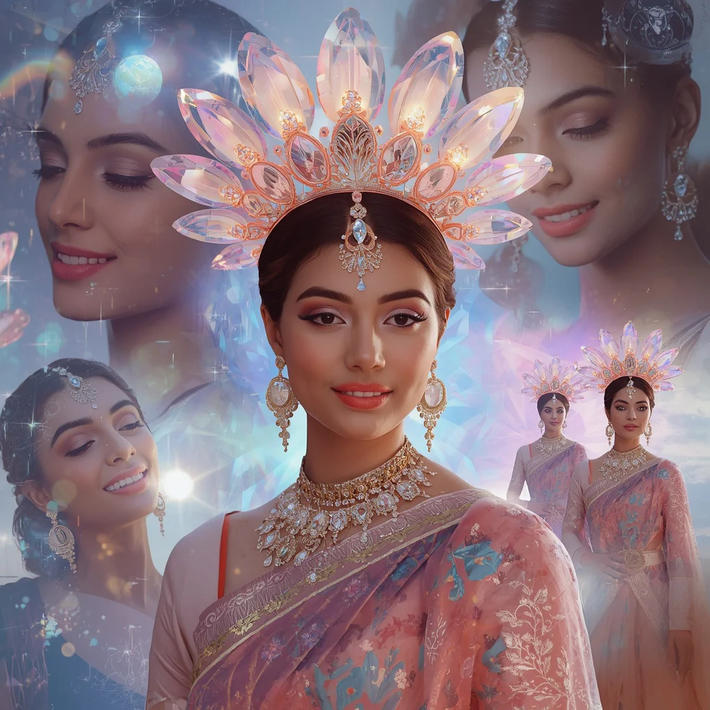 Festive Pastel Saree Holographic Moonflower Galaxy Crown Collage Modern Cinematic | gemini saree prompt for women — AI image prompt