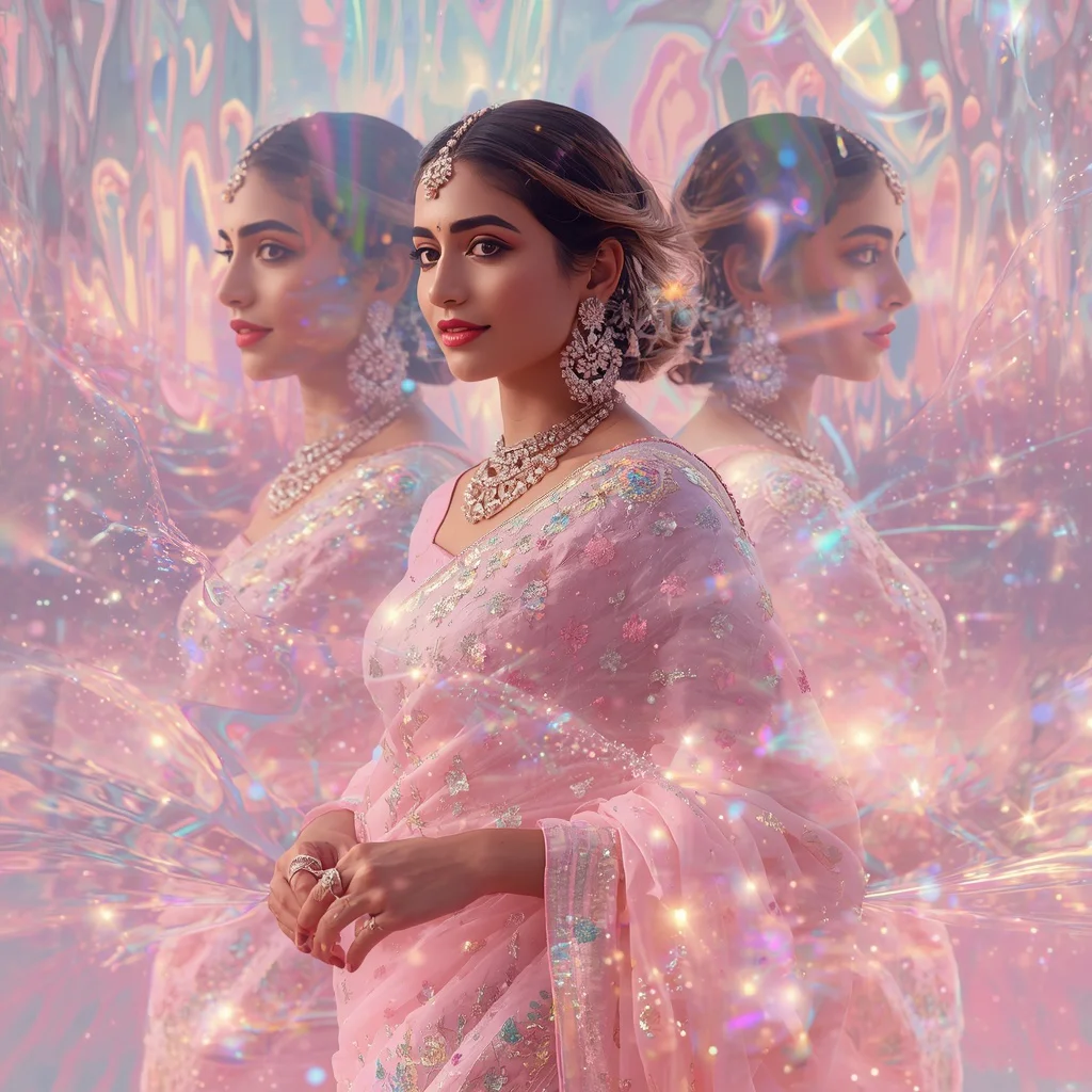 Festive Pastel Saree Liquid Aurora Reflection Flow Collage Luxury | instagram trending purple saree prompt — AI image prompt
