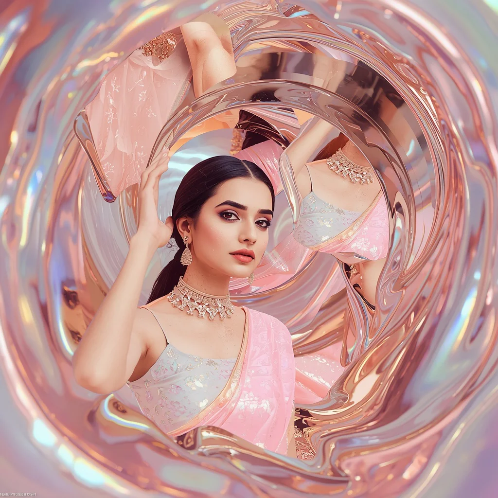 Festive Pastel Saree Liquid Chrome Reflection Tunnel Collage Luxury | chatgpt prompt — AI image prompt