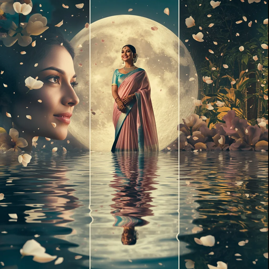 Festive Pastel Saree Moon Gardenia Reflection Paradise Collage Cinematic | cinematic saree ai prompt — AI image prompt