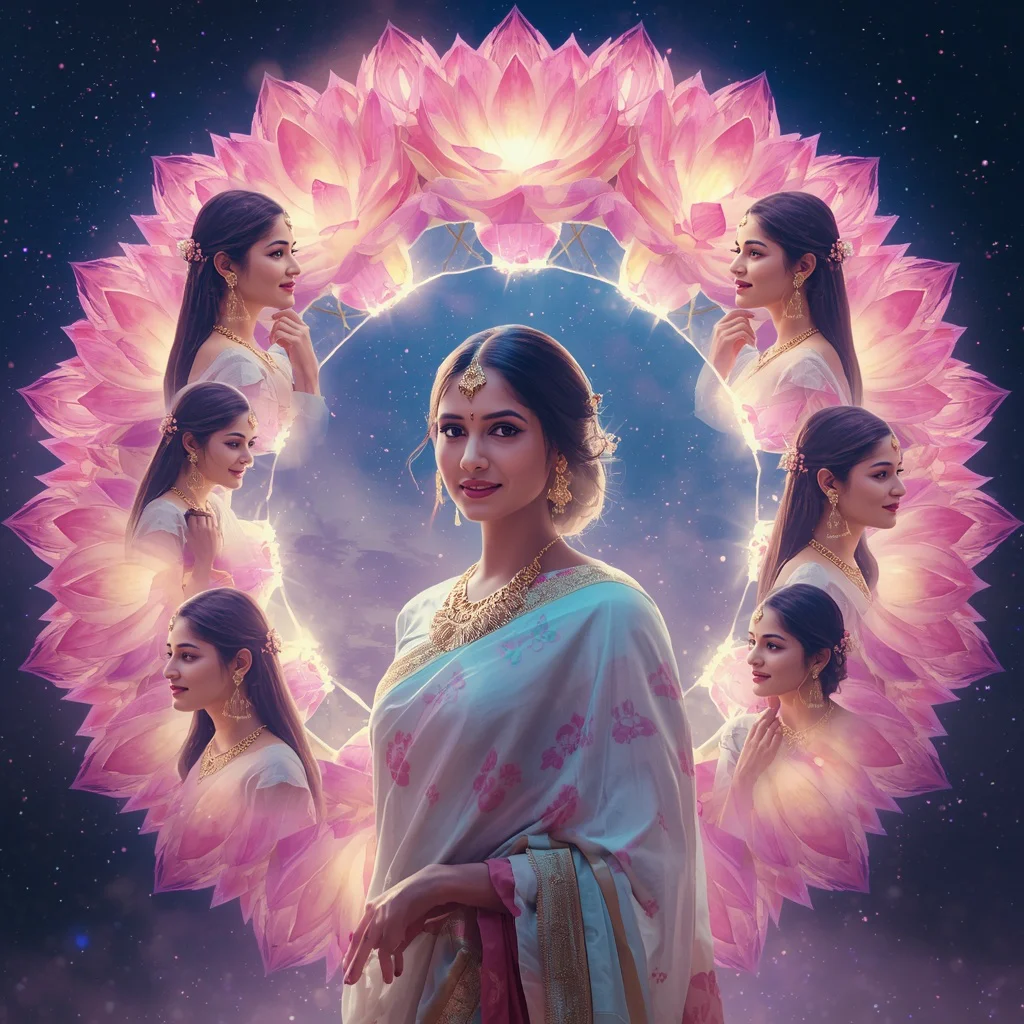 Festive Pastel Saree Neon Galaxy Lotus Halo Crown Collage Modern Cinematic | prompt for girl photo editing — AI image prompt