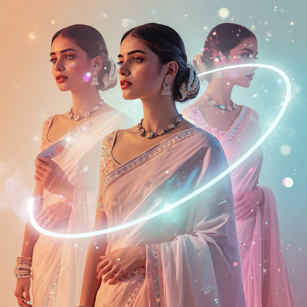 Festive Pastel Saree Neon Orbit Prism Reflection Collage Modern Cinematic | prompt seen girl saree bengali style — AI image prompt