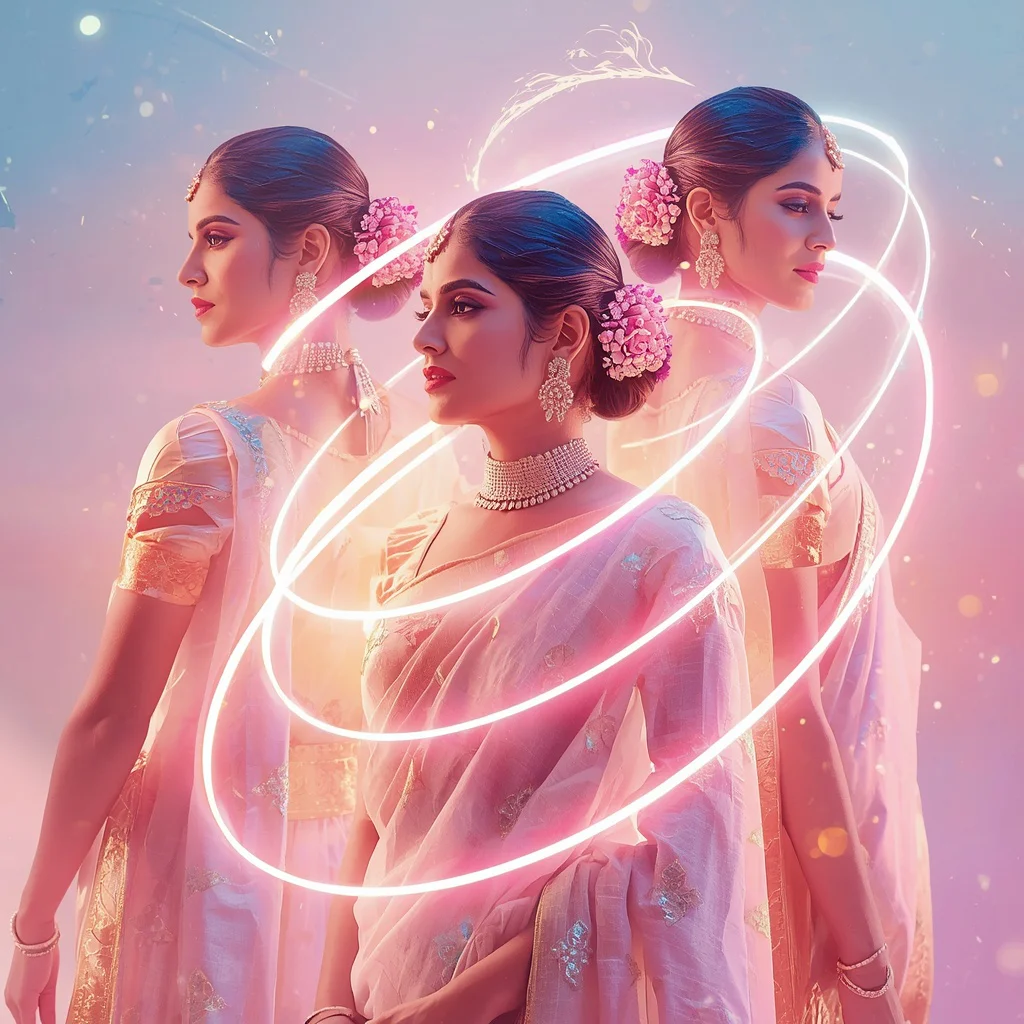 Festive Pastel Saree Neon Spiral Reflection Halo Collage Cinematic | ai photo prompt for girls college — AI image prompt
