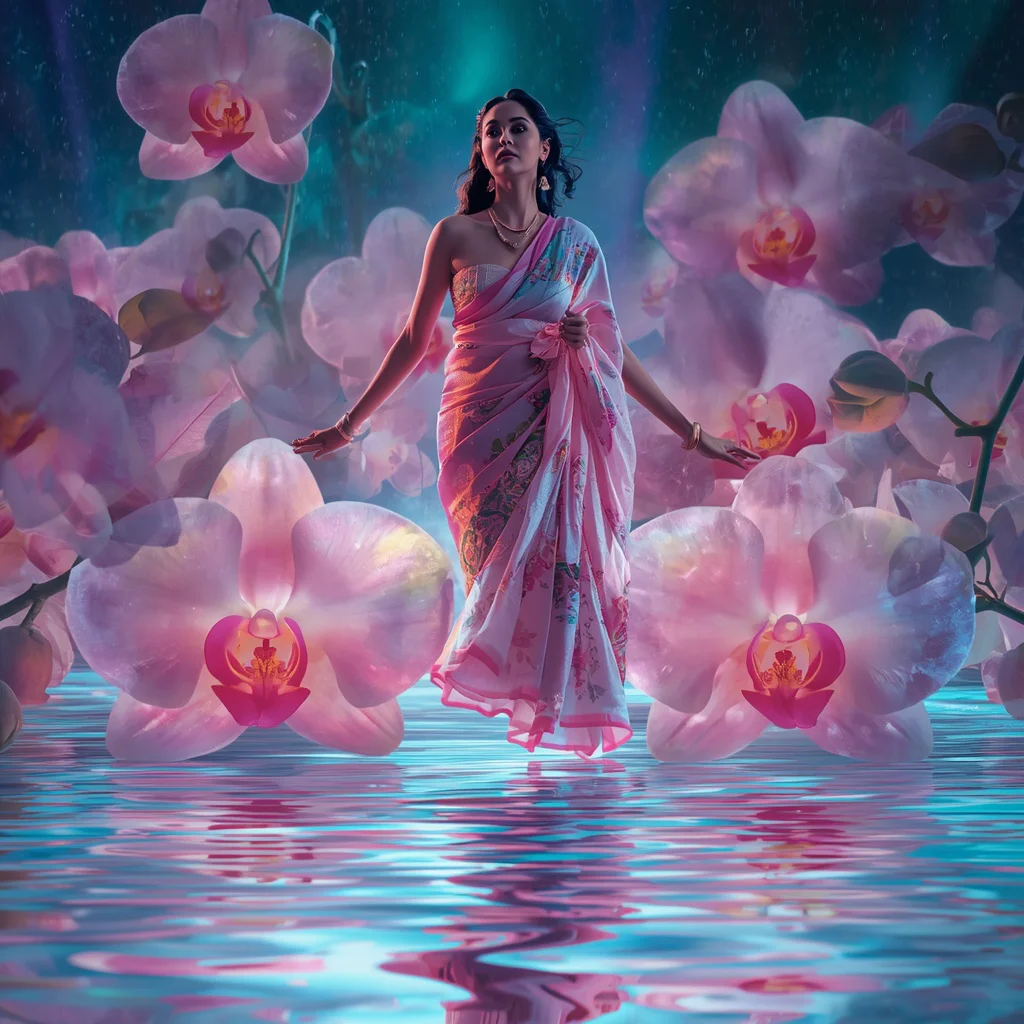 Festive Pastel Saree Prism Orchid Aurora Waterworld Collage Luxury Cinematic | retro style prompt for gemini girl in saree instagram — AI image prompt