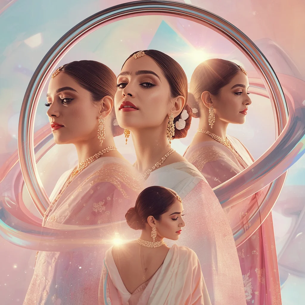 Festive Pastel Saree Reflective Orbit Halo Universe Collage Luxury | trending saree prompt — AI image prompt