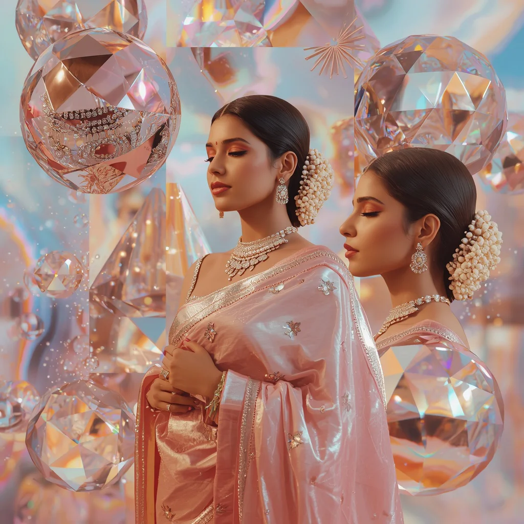 Festive Pastel Saree Reflective Prism Orbit Galaxy Collage Luxury | saree instagram ai prompt — AI image prompt