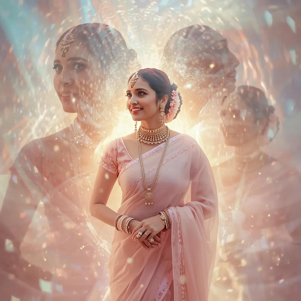 Festive Pastel Saree Soft Aura Reflection Tunnel Collage Cinematic | traditional prompt for gemini ai girl aesthetic — AI image prompt