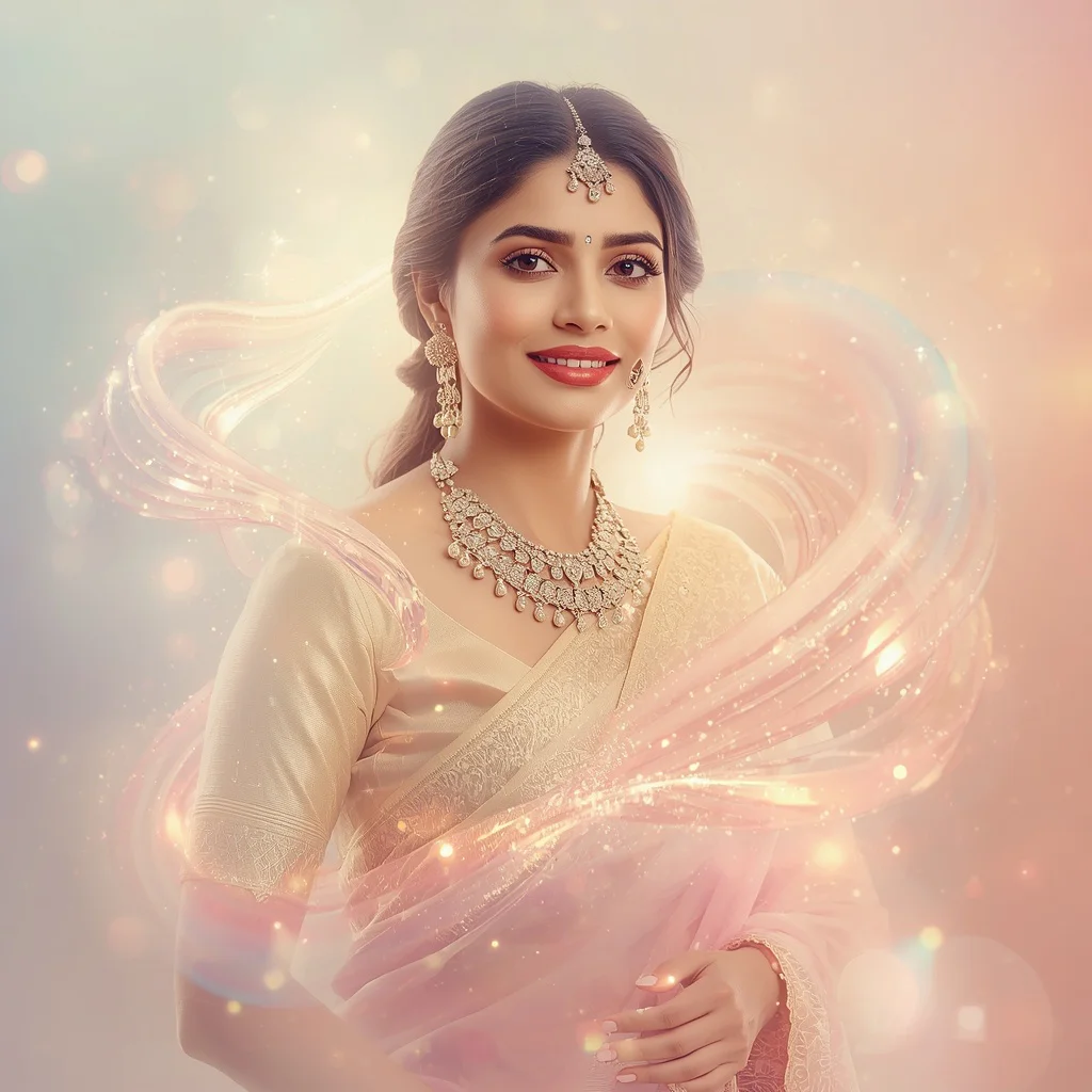 Festive Pastel Saree Soft Reflection Crystal Galaxy Collage Cinematic | chatgpt photo editing prompts trending instagram — AI image prompt