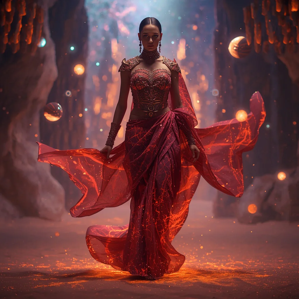 Floating Quantum Lava Sand Saree with Magma Desert Galaxy Fabric | trending prompt copy paste — AI image prompt