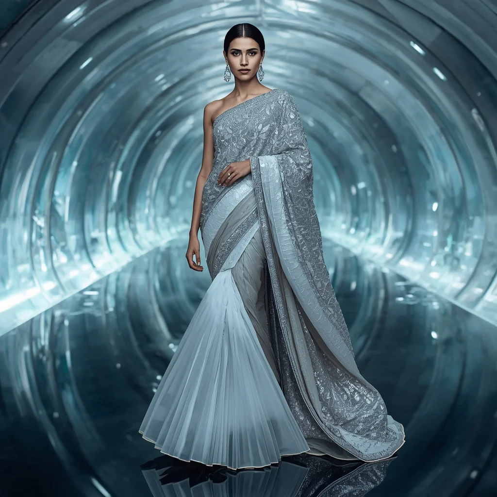 Frozen Diamond Mirage Saree with Infinity Ribbon Reflection Orbit Infinity Corridor | instagram prompt for traditional look for girl in english — AI image prompt