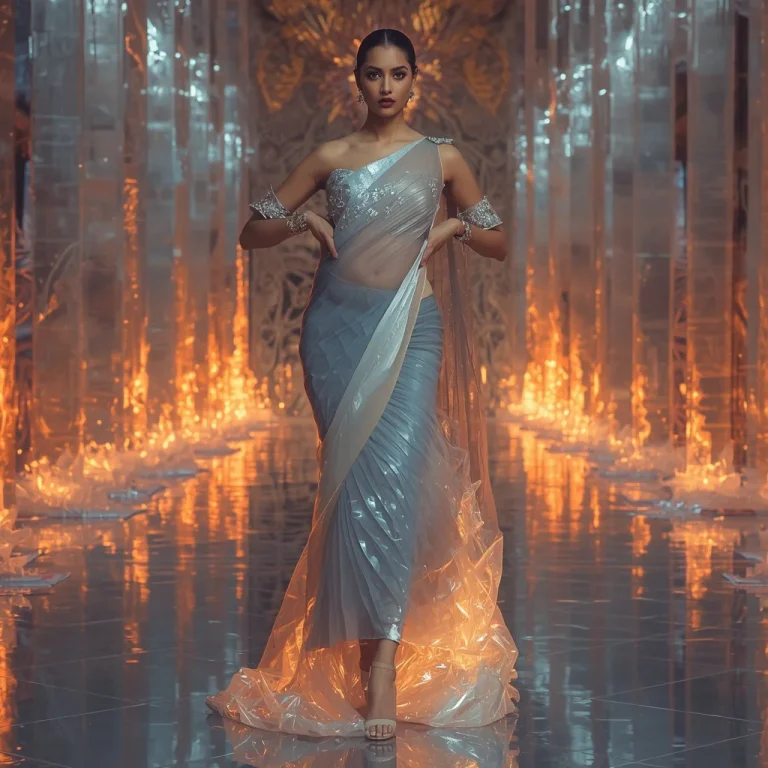 Futuristic Frozen Flame Saree Fashion Pose with Ice Fire Palace Background | wedding saree ai prompt — AI image prompt